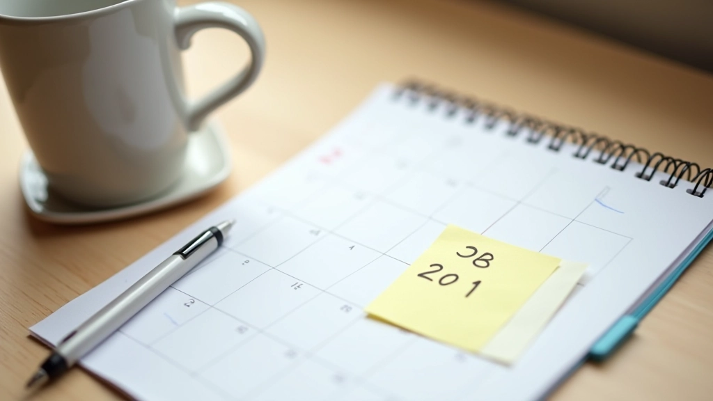 Calendrier ouvert avec une date marquée d'une note autocollante colorée, stylo à proximité, lumière naturelle