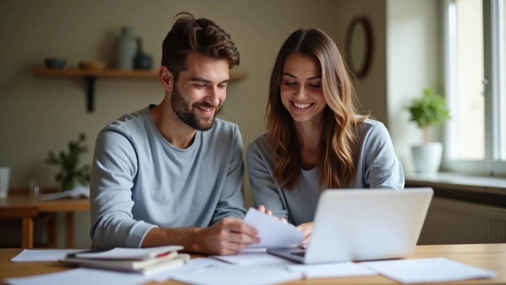 Couple assis à une table avec un ordinateur portable et des documents financiers, discutant ensemble