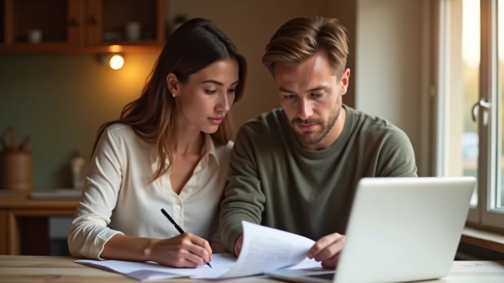 Deux personnes discutant devant un ordinateur portable, documents financiers visibles