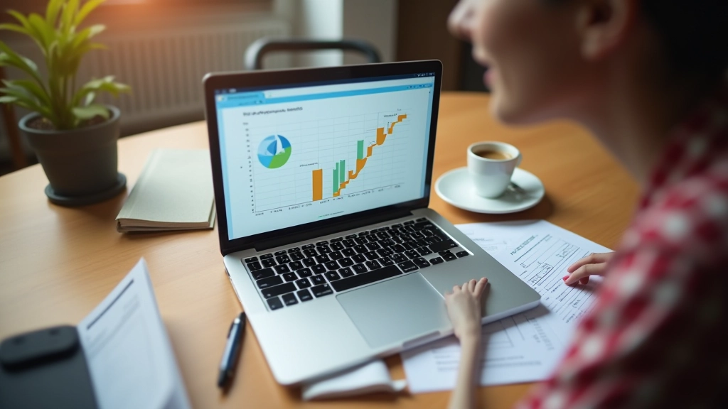 Ordinateur portable affichant un tableur ou une application de budget, avec un café à côté