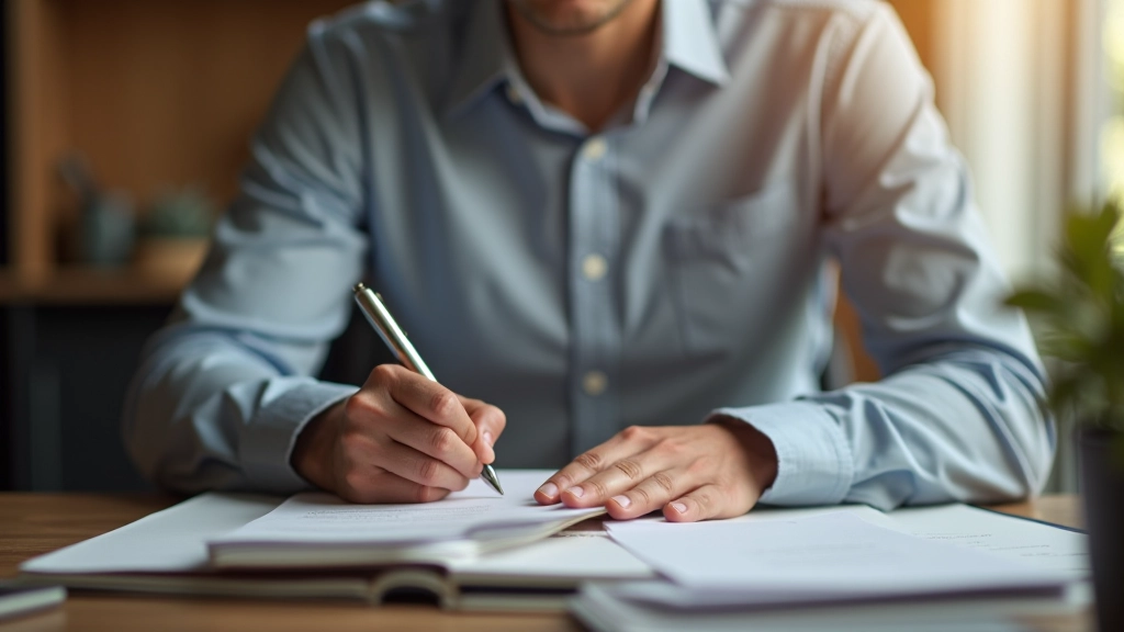 Personne écrivant sur un carnet, avec des papiers et des notes financières organisées
