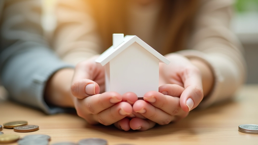 Hands holding a house model with coins nearby