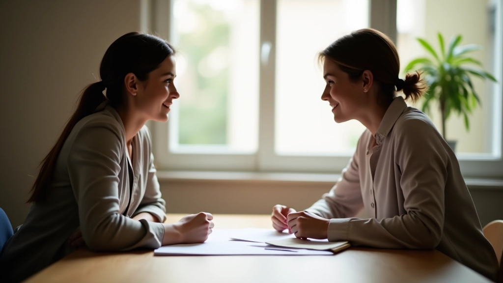 Deux personnes assises face à face à une table, avec documents et graphiques entre eux, éclairage naturel, discussion calme