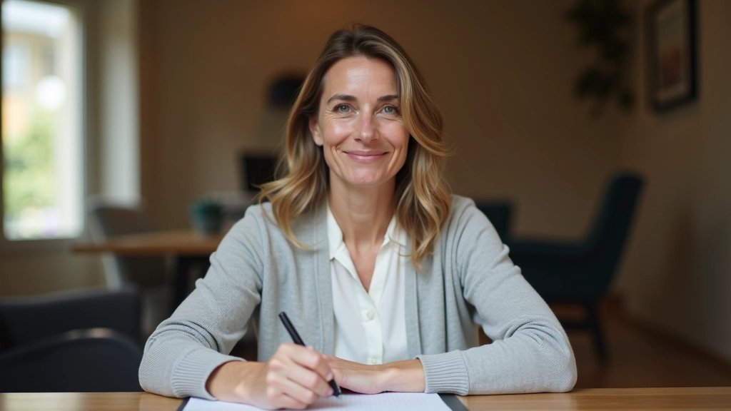 Isabelle Renault travaillant à son bureau avec des documents et une tasse de café, environnement de consultation moderne et bienveillant