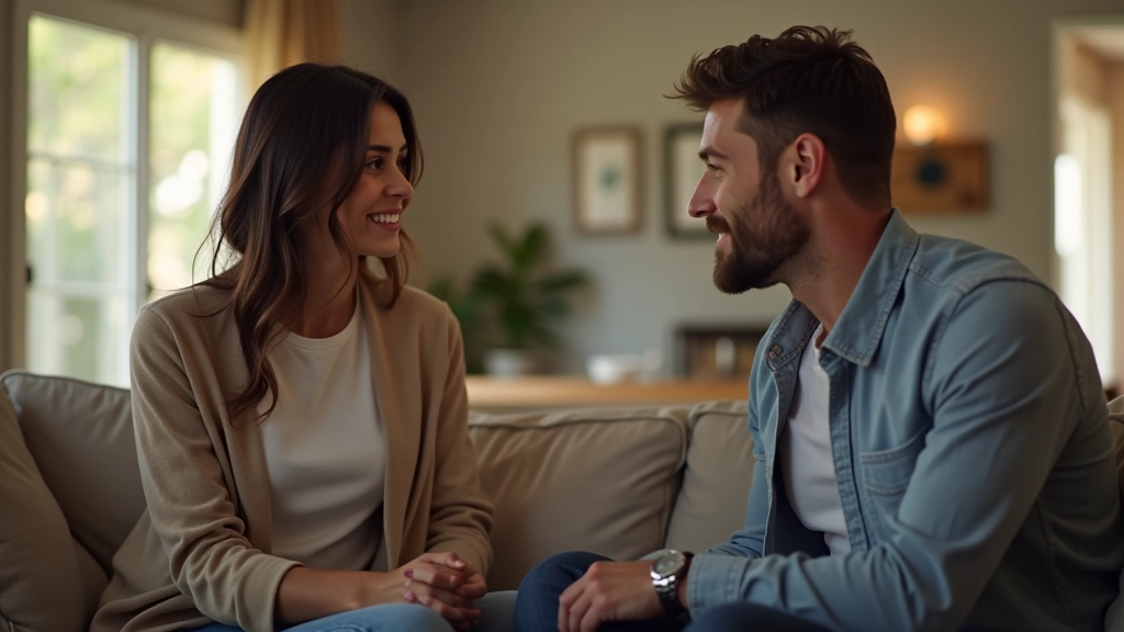 Deux personnes en discussion calme, assises face à face dans un cadre confortable et accueillant